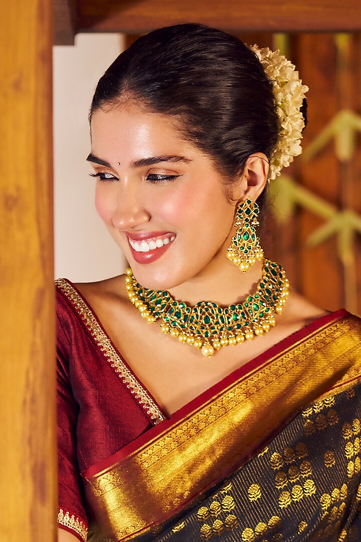 Gold Finish Kundan Polki & Green Jadau Drop Necklace Set by Maisara Jewelry at Pernia's Pop Up Shop