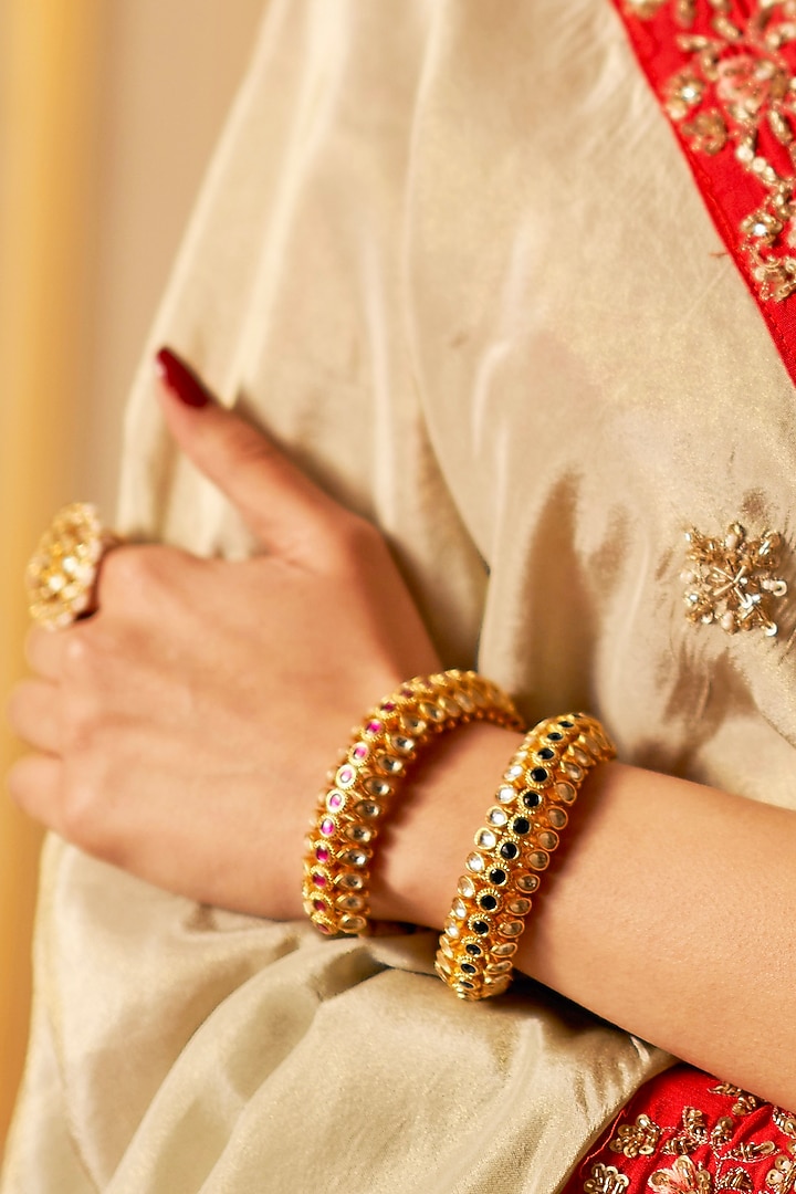 Gold Finish Green Kundan Polki & Pearl Adjustable Jadau Bangle by Maisara Jewelry at Pernia's Pop Up Shop
