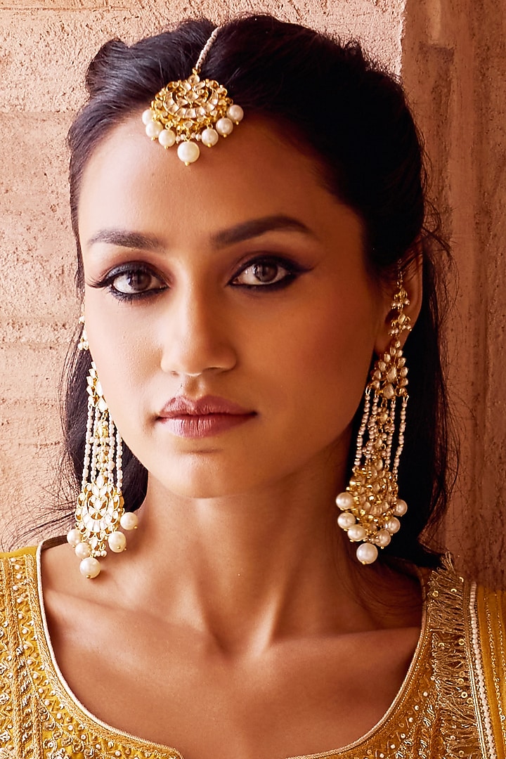 Gold Finish Kundan Polki & Pearl Handmade Jadau Dangler Earrings by Maisara Jewelry at Pernia's Pop Up Shop