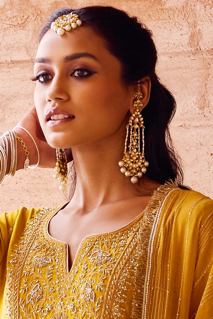 Gold Finish Kundan Polki & Pearl Handmade Jadau Dangler Earrings by Maisara Jewelry at Pernia's Pop Up Shop