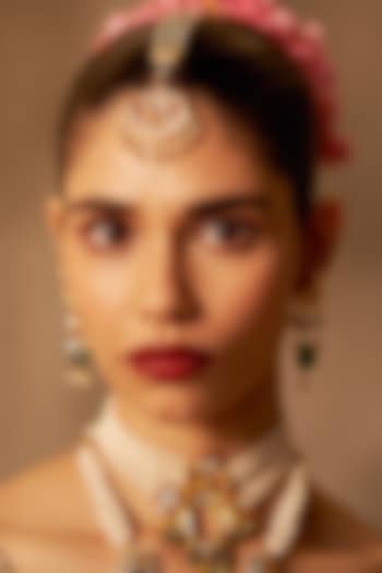 Gold Finish Kundan Polki & Pearl Handmade Jadau Maangtikka by Maisara Jewelry at Pernia's Pop Up Shop