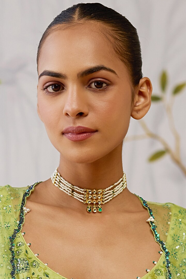Gold Finish Kundan Polki & Pearl Handmade Jadau Choker Necklace by Maisara Jewelry at Pernia's Pop Up Shop