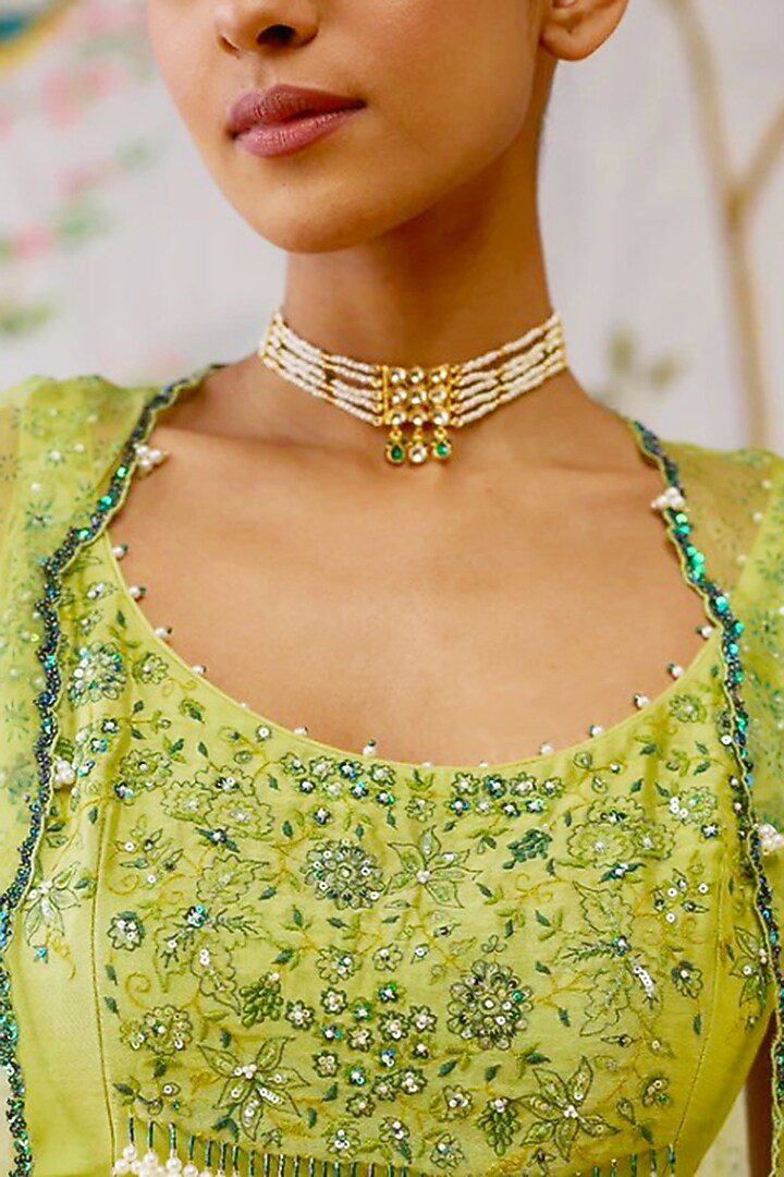 Gold Finish Kundan Polki & Pearl Handmade Jadau Choker Necklace by Maisara Jewelry at Pernia's Pop Up Shop