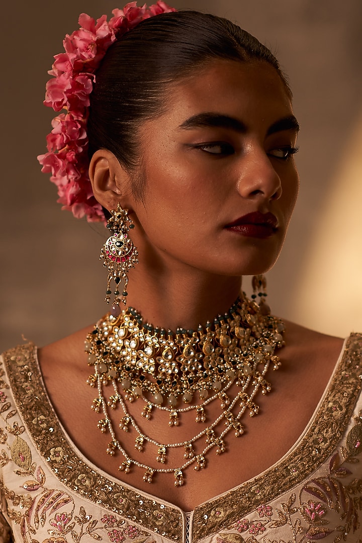 Gold Finish Multi-Colored Kundan Polki Dangler Earrings by Maisara Jewelry at Pernia's Pop Up Shop