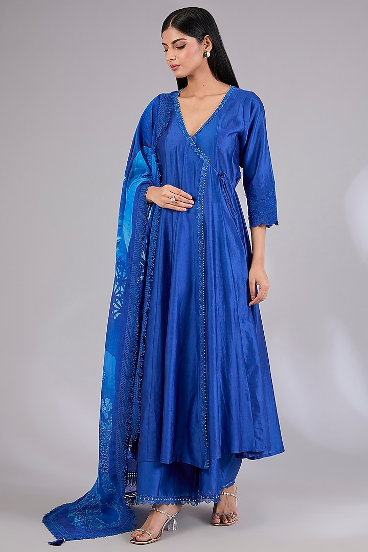 Indigo Chanderi Wedding Anarkali Set by Mandira Wirk - Indian at Pernia's Pop Up Shop