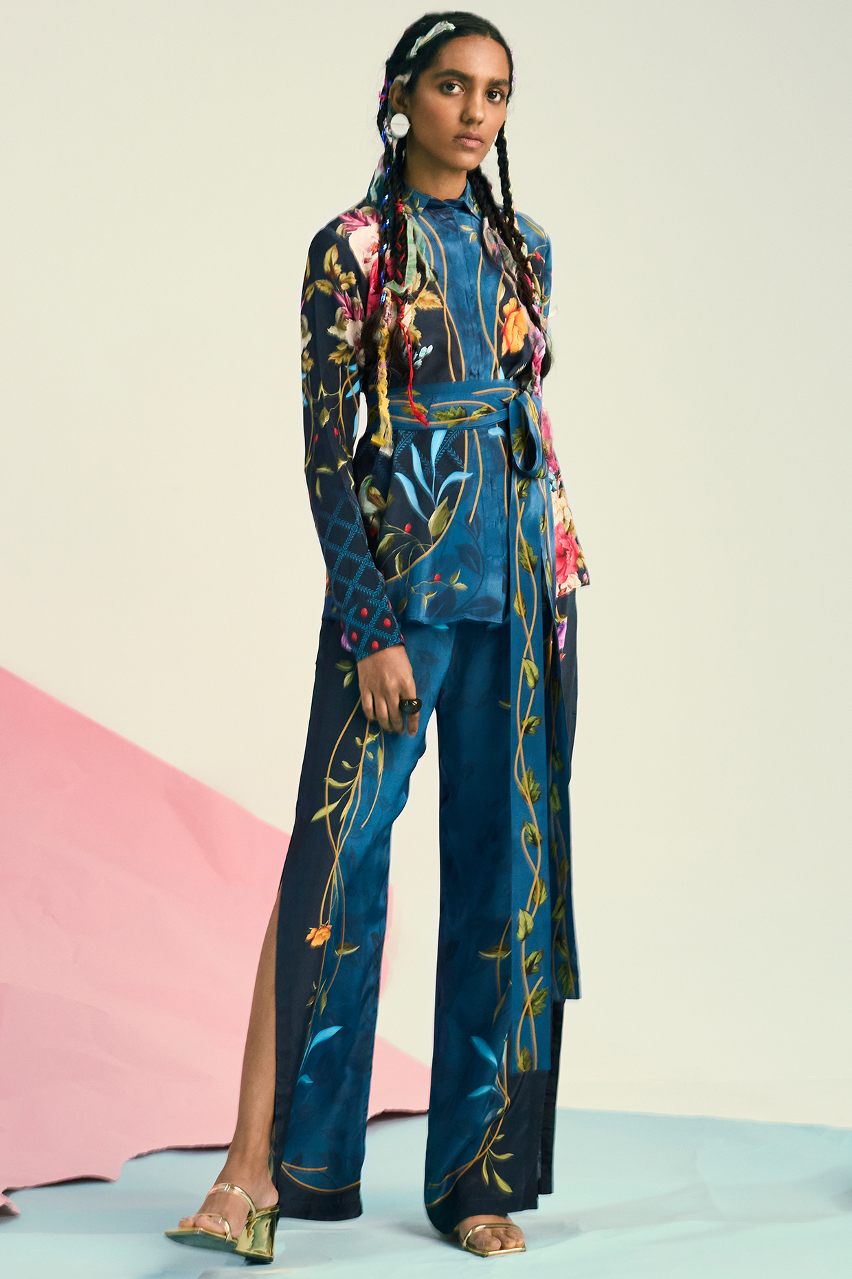 Blue Crepe Printed Pants by Limerick By Abirr N' Nanki at Pernia's Pop Up Shop