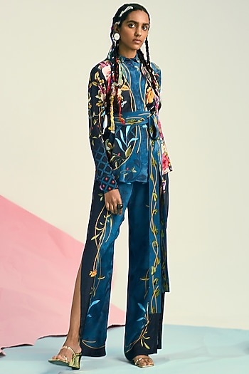 Blue Crepe Printed Pants by Limerick By Abirr N' Nanki at Pernia's Pop Up Shop