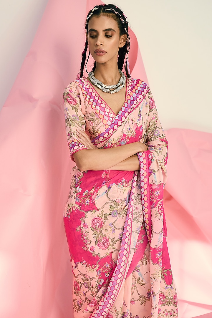 Pink Printed Party Wear Saree Set by Limerick By Abirr N' Nanki at Pernia's Pop Up Shop