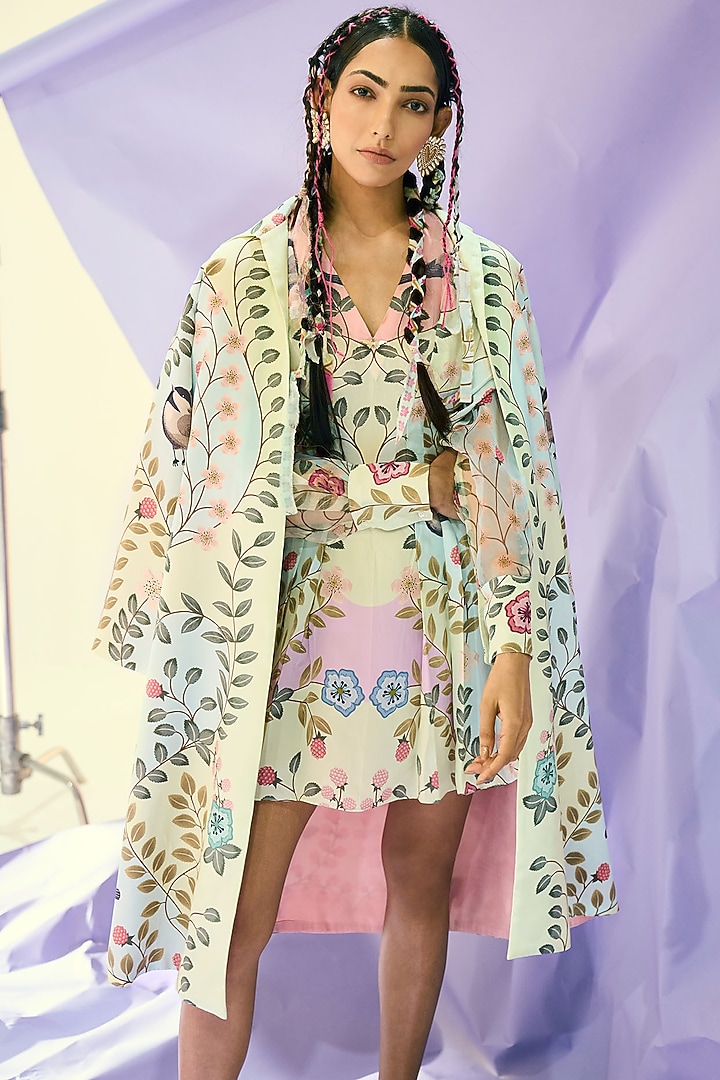 Multi-Coloured Crepe & Organza Printed Jacket Cocktail Dress by Limerick By Abirr N' Nanki at Pernia's Pop Up Shop