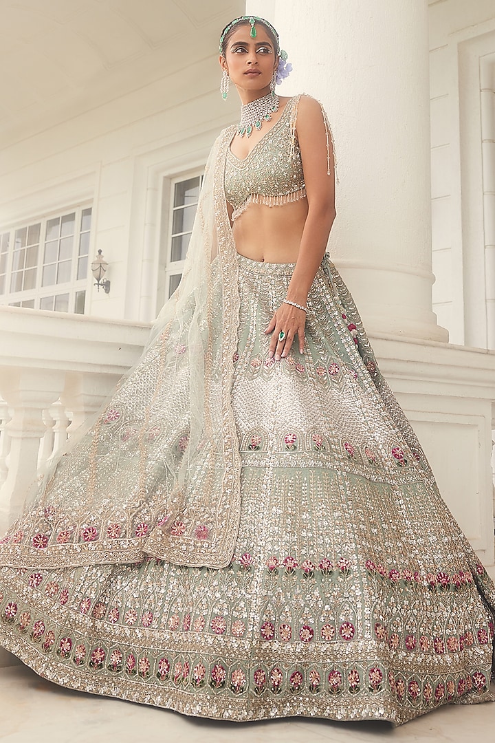 Dusty Blue Raw Silk Hand Embroidered Bridal Lehenga Set by Kalighata at Pernia's Pop Up Shop