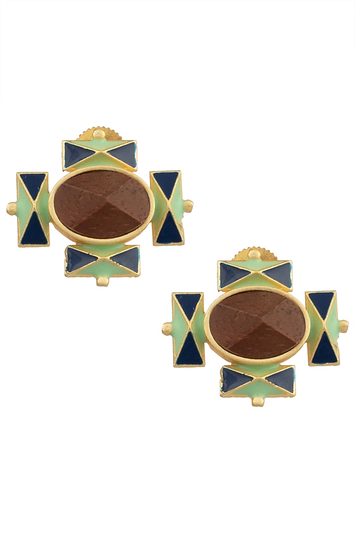 Gold Plated 3D Cut Wooden Stud Earrings by Madiha Jaipur