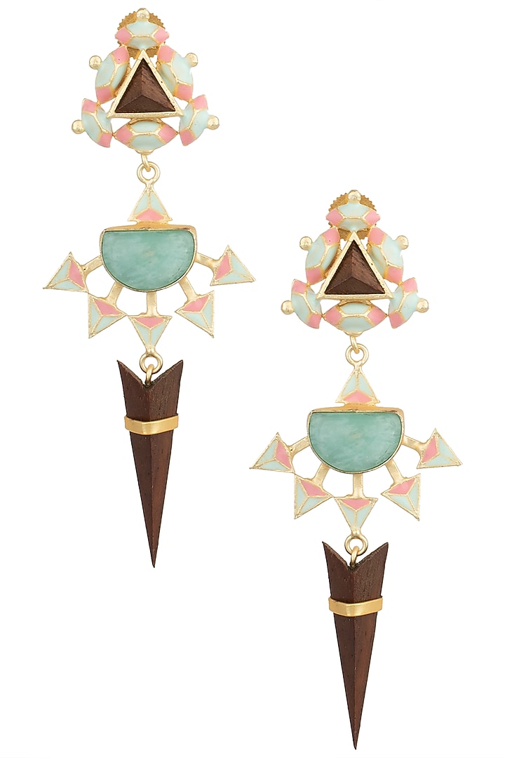 Gold plated 3D cut multi color dangler earrings available only at Pernia's Pop Up Shop.