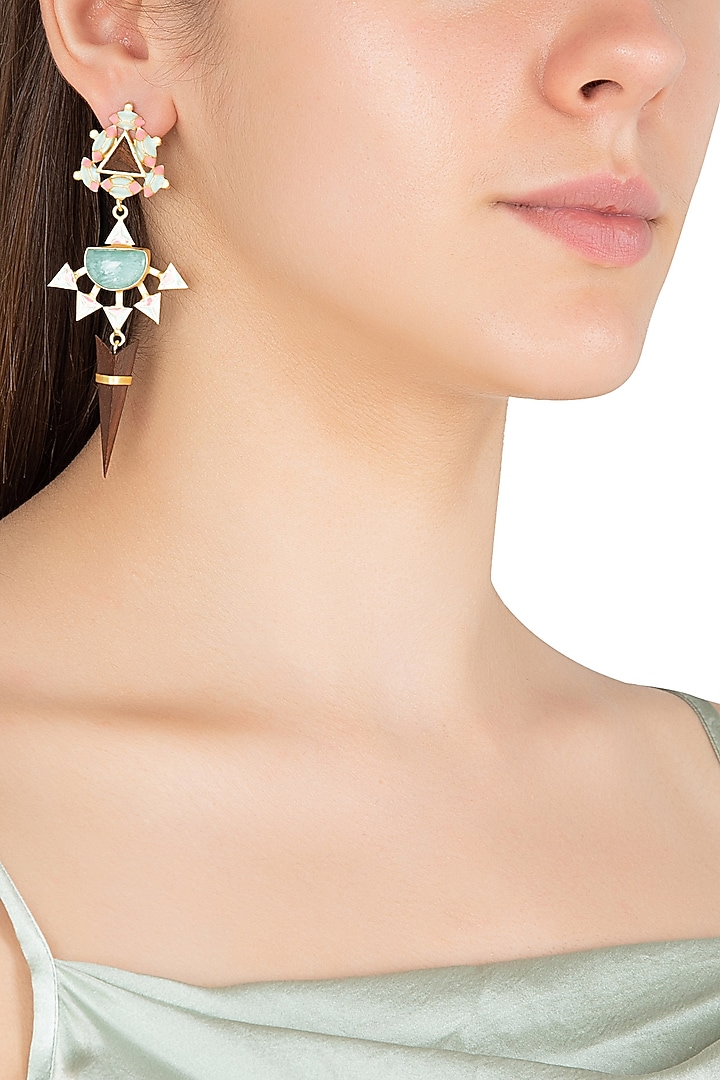 Gold plated 3D cut multi color dangler earrings available only at Pernia's Pop Up Shop.