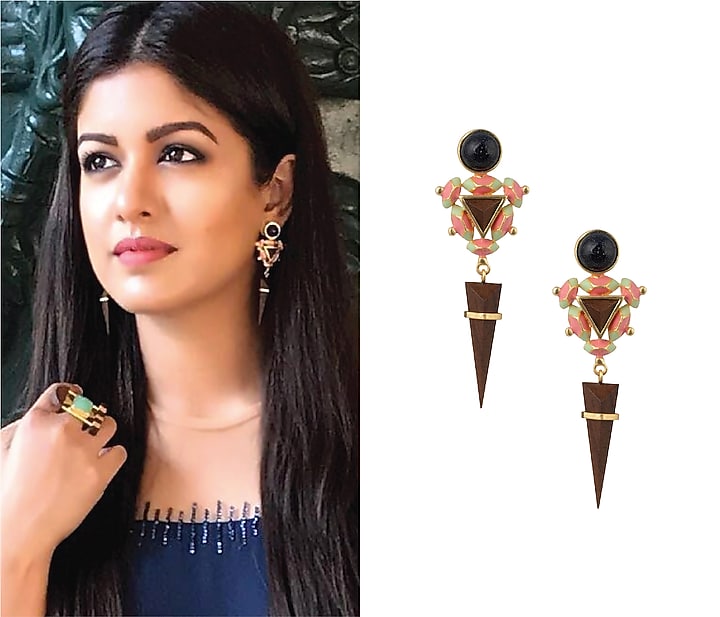 Gold plated 3D cut black glitter earrings available only at Pernia's Pop Up Shop.