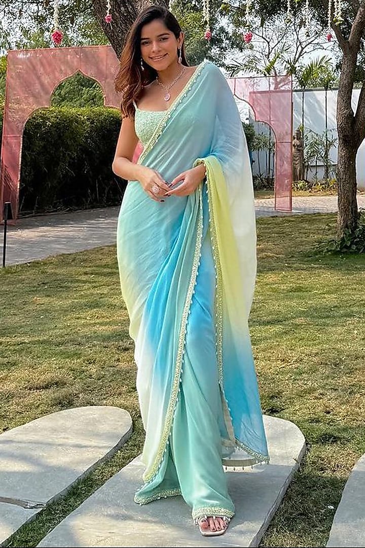 Blue & Green Ombre Georgette Sequins Saree Set by Mala and Kinnary