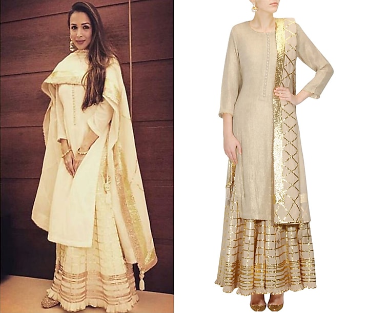 Bright yellow and gold gota patti work kurta and checkered sharara set available only at Pernia's Pop Up Shop.
