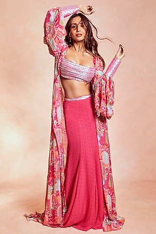 Fuchsia Pink Georgette Printed Cape Set by Krisha Sunny Ramani