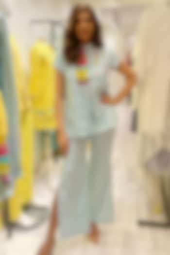 Pale Blue Linen High Slit Tunic & Side Slit Pants by Wendell Rodricks at Pernia's Pop Up Shop