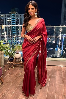 Brick Red Hand Embroidered Saree Set by Punit Balana-PUNIT BALANA