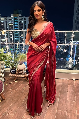 Brick Red Hand Embroidered Saree Set by Punit Balana