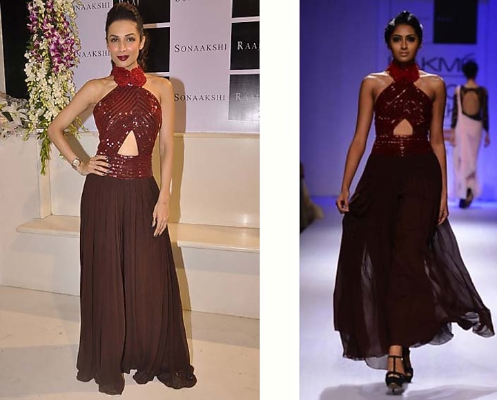 Red beaded halter brown palazzo jumpsuit available only at Pernia's Pop-Up Shop.