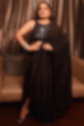 Black Pure Natural Crepe Pre-Stitched Dhoti Party Wear Saree Set by Pooja Bagaria at Pernia's Pop Up Shop