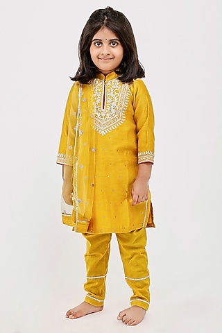 Mustard Handwoven Chanderi Dori Hand Embroidered Kurta Set For Girls by Mamma Plz