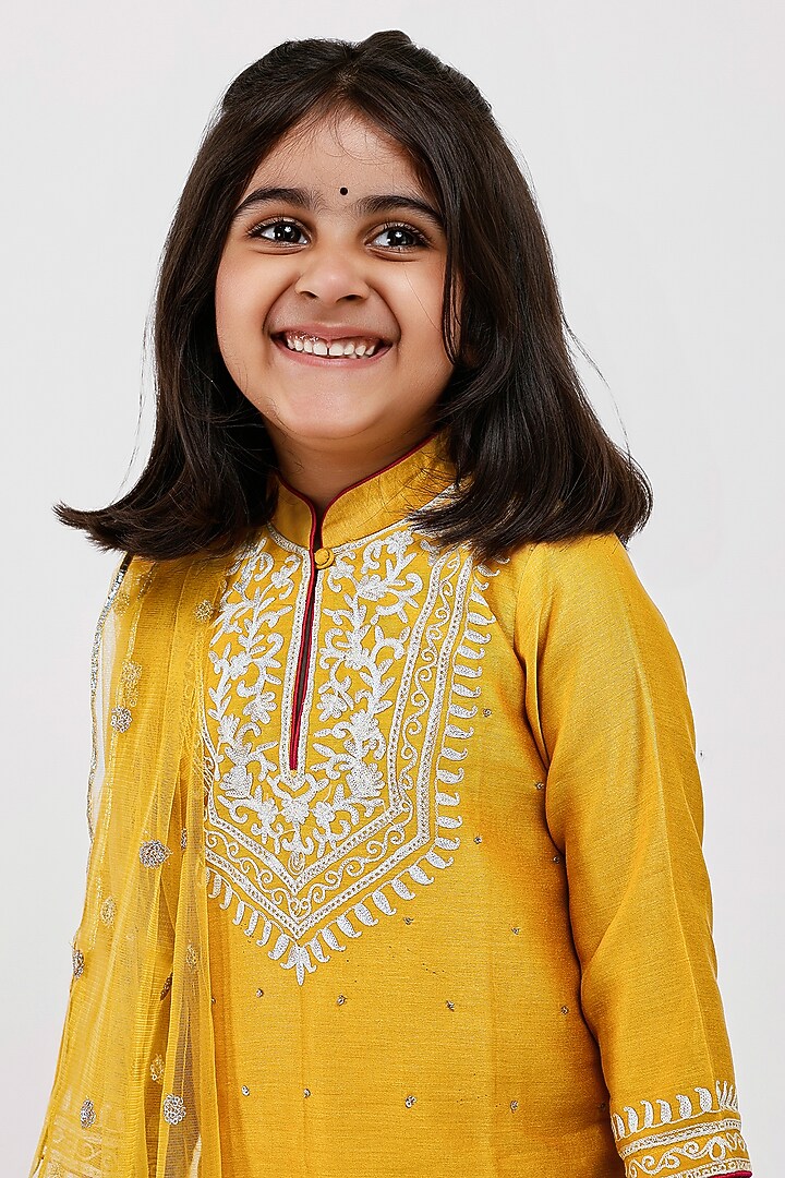 Mustard Handwoven Chanderi Dori Hand Embroidered Kurta Set For Girls by Mamma Plz at Pernia's Pop Up Shop
