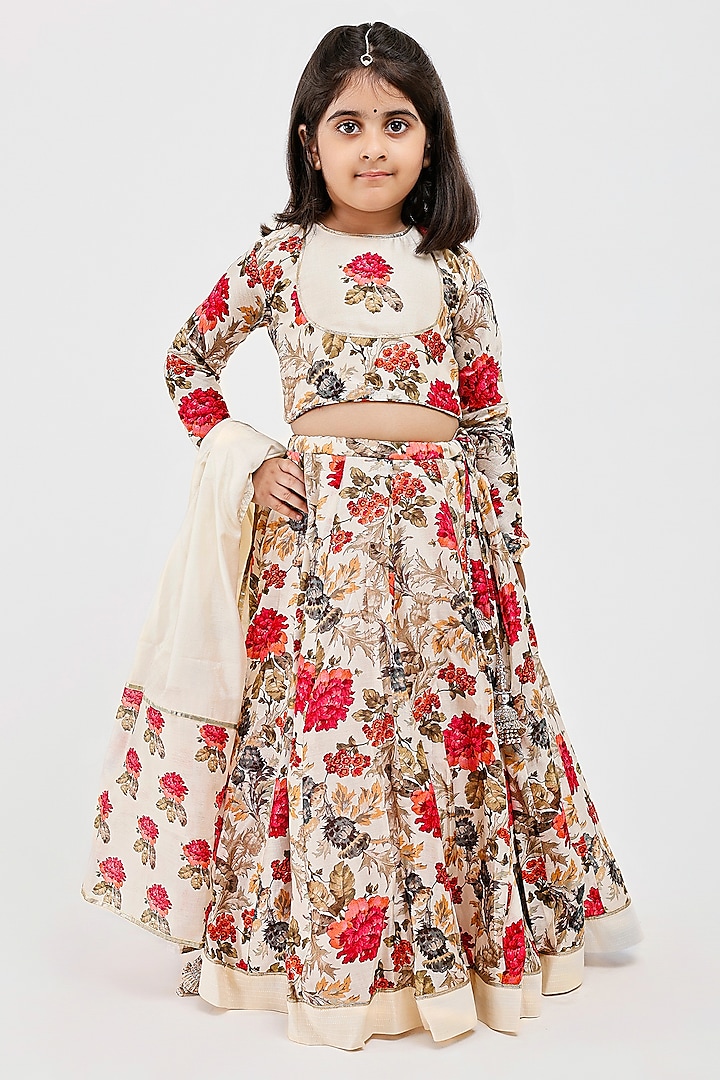 Ivory Handwoven Chanderi Floral Printed Lehenga Set For Girls by Mamma Plz at Pernia's Pop Up Shop