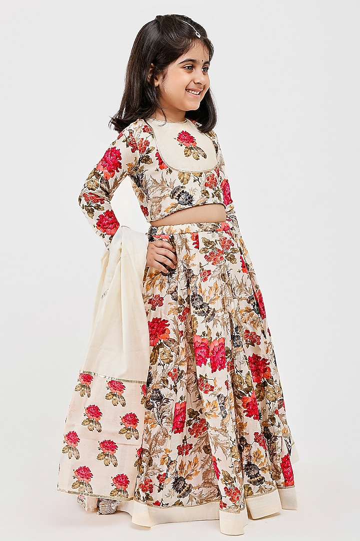 Ivory Handwoven Chanderi Floral Printed Lehenga Set For Girls by Mamma Plz at Pernia's Pop Up Shop