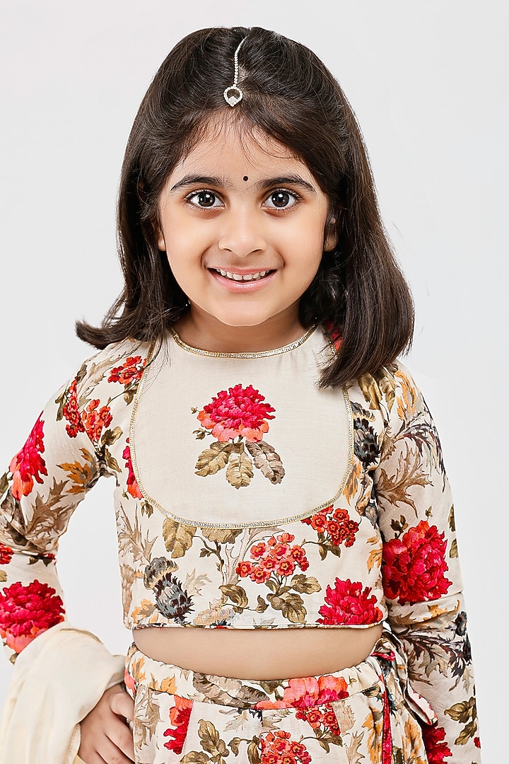 Ivory Handwoven Chanderi Floral Printed Lehenga Set For Girls by Mamma Plz at Pernia's Pop Up Shop