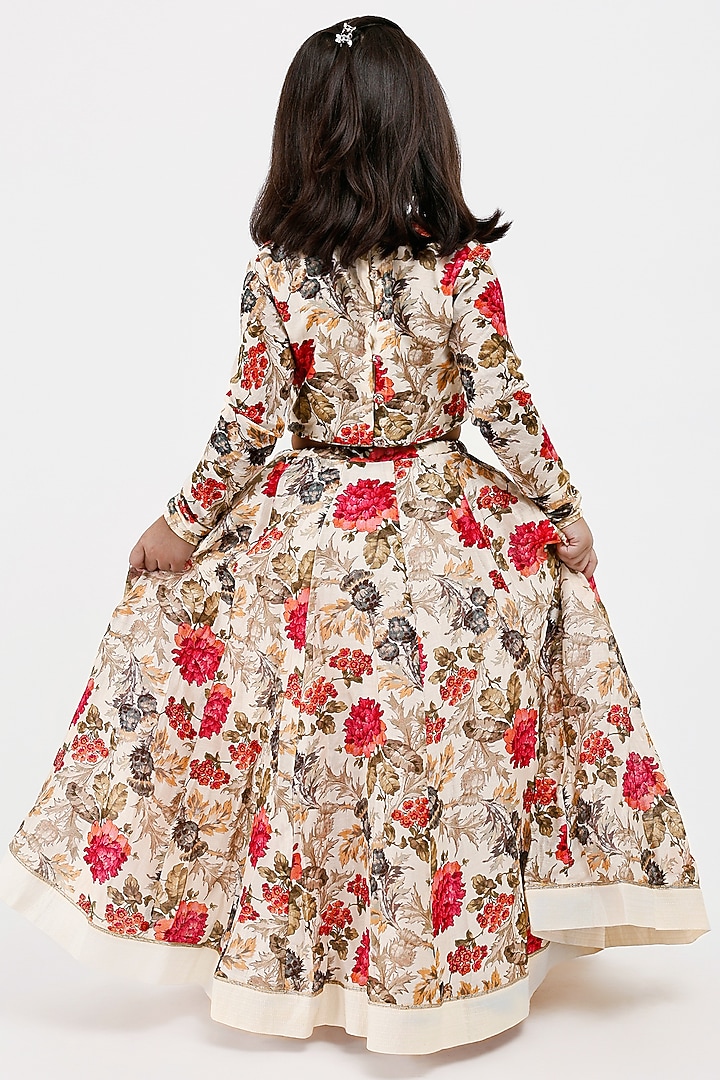 Ivory Handwoven Chanderi Floral Printed Lehenga Set For Girls by Mamma Plz at Pernia's Pop Up Shop