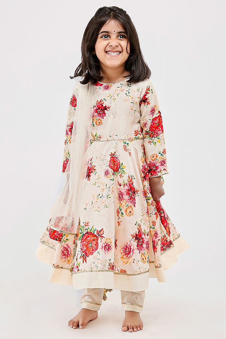 Ivory Handwoven Chanderi Floral Printed Anarkali Set For Girls by Mamma Plz at Pernia's Pop Up Shop