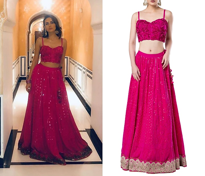 Hot pink embroidered crop top with lehenga skirt available only at Pernia's Pop Up Shop.