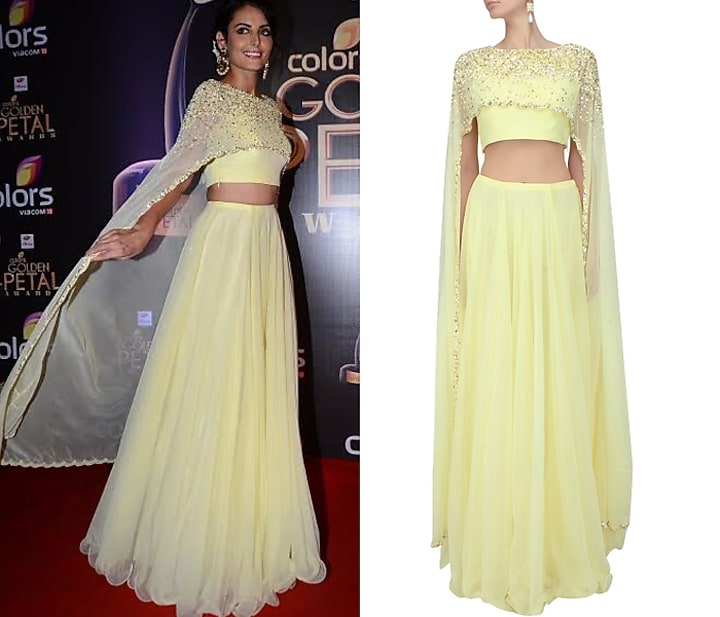 Lemon yellow pearls and sequins embellished cape blouse and lehenga set available only at Pernia's Pop Up Shop.