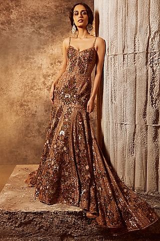 Multi-Coloured Net Embroidered Gown by Rocky Star
