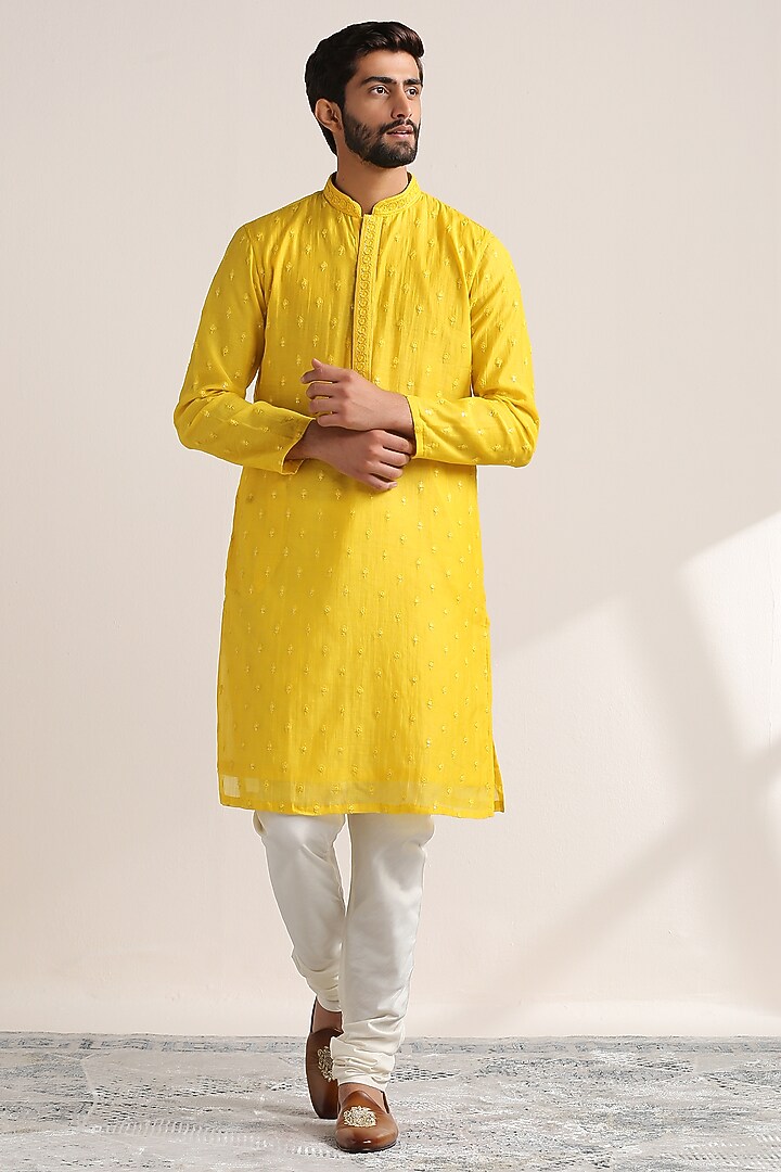 Yellow Chanderi Hand Embroidered Kurta Set by Twamev at Pernia's Pop Up Shop