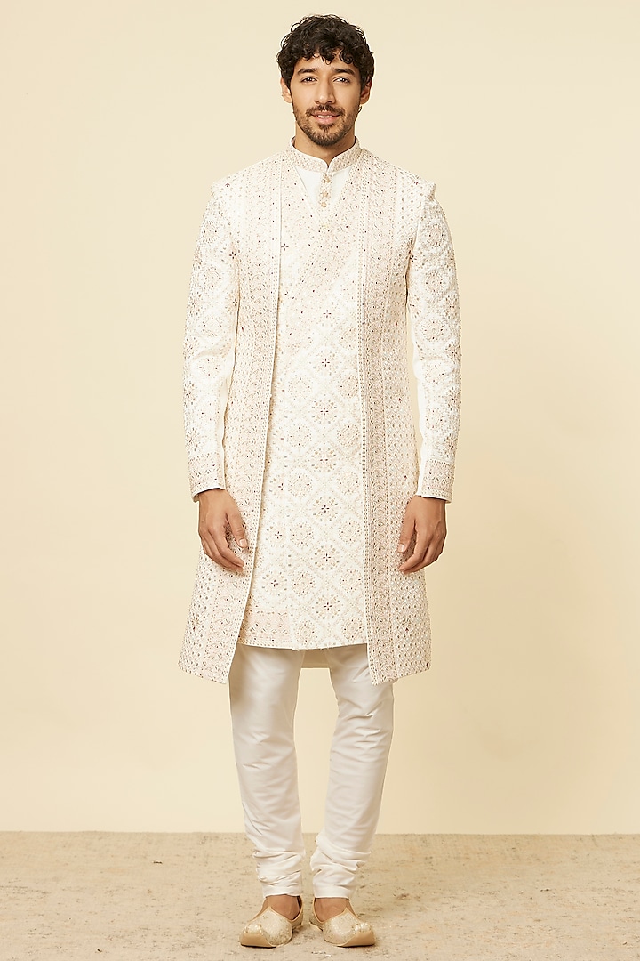 Warm White Satin Embroidered Wedding Sherwani Set by Manyavar at Pernia's Pop Up Shop