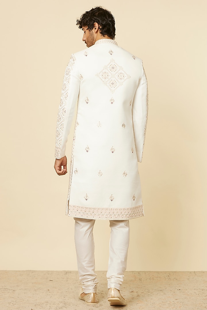 Warm White Satin Embroidered Wedding Sherwani Set by Manyavar at Pernia's Pop Up Shop