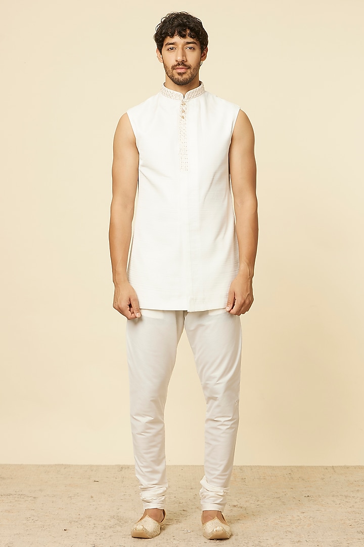 Warm White Satin Embroidered Wedding Sherwani Set by Manyavar at Pernia's Pop Up Shop