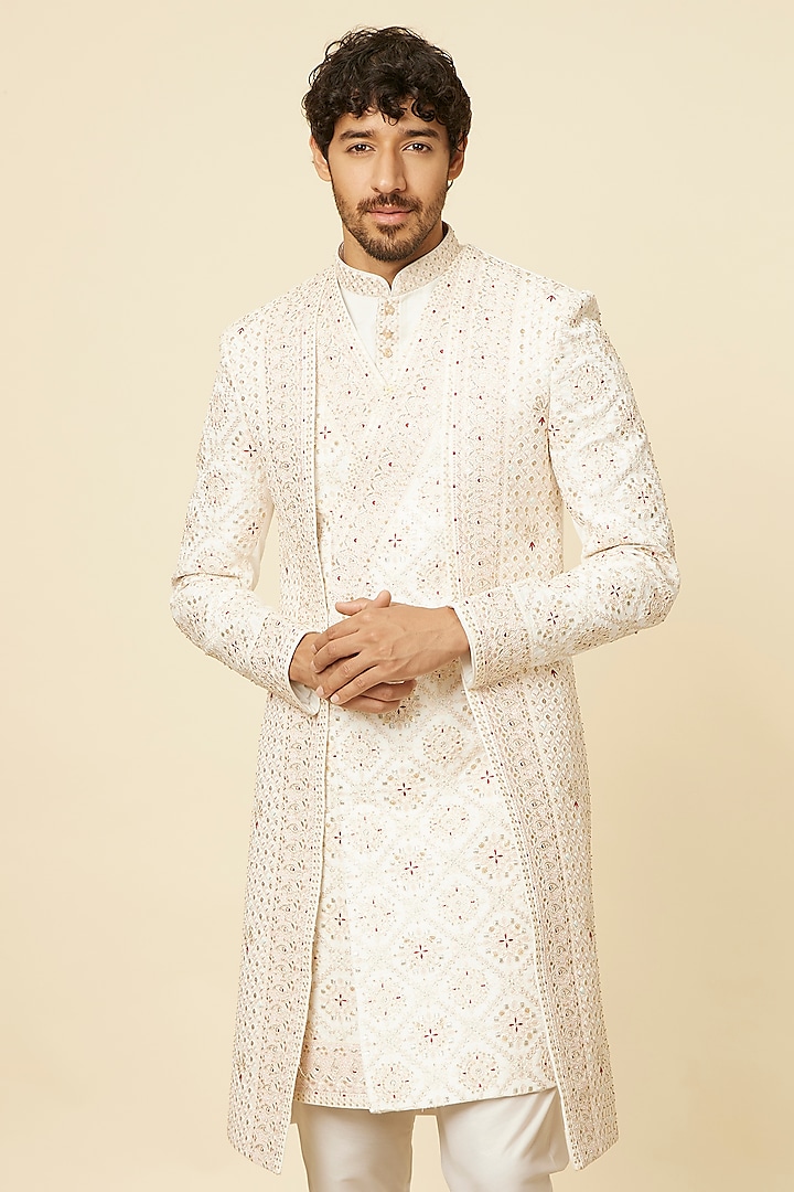 Warm White Satin Embroidered Wedding Sherwani Set by Manyavar at Pernia's Pop Up Shop