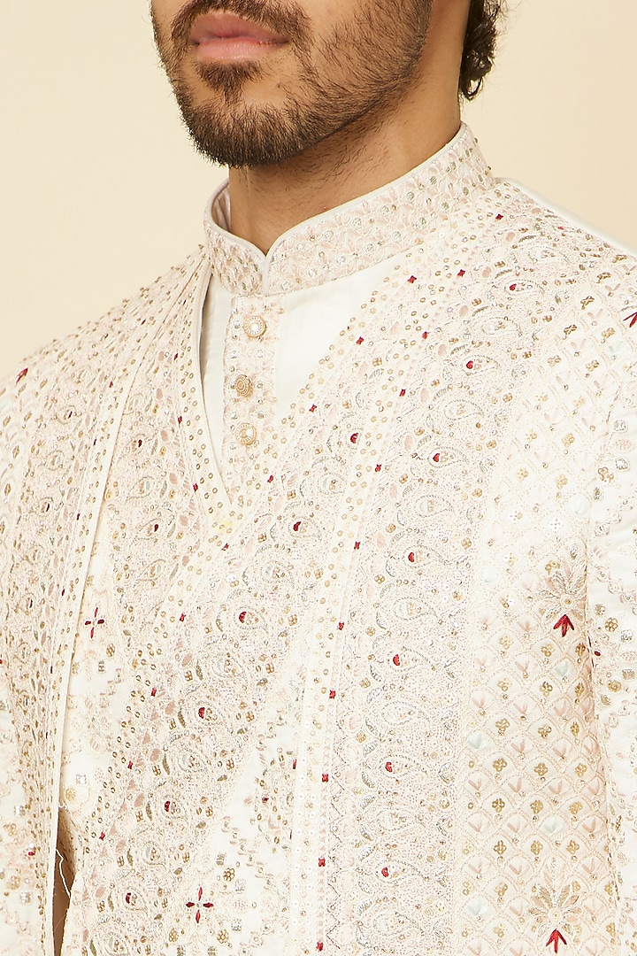 Warm White Satin Embroidered Wedding Sherwani Set by Manyavar at Pernia's Pop Up Shop