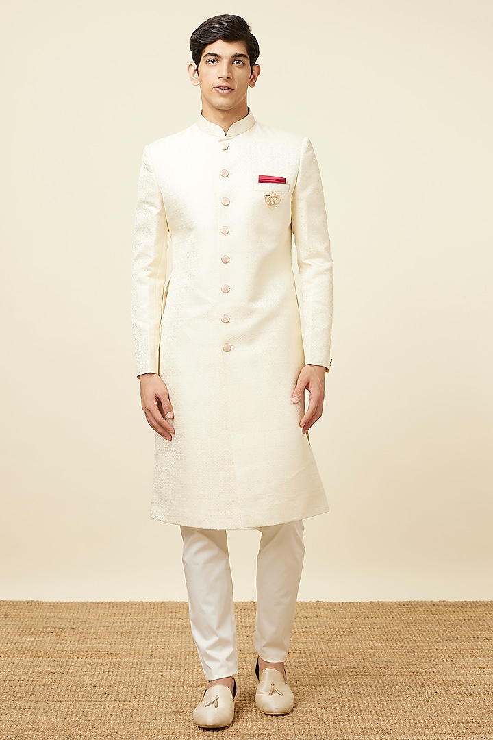 Cream Blended Rayon Textured Sherwani Set by Manyavar