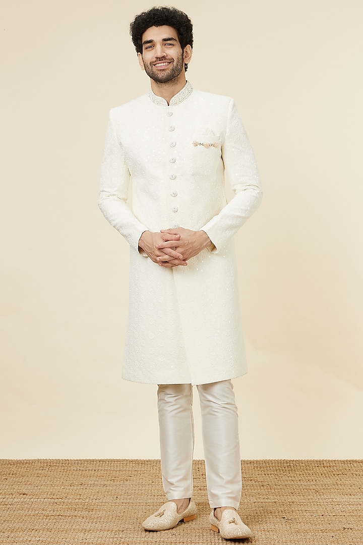 Warm White Georgette Floral Pattern Sherwani Set by Manyavar