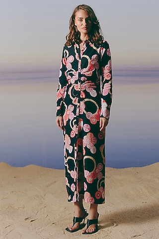 Black Organic Linen Printed Maxi Dress by Mapu