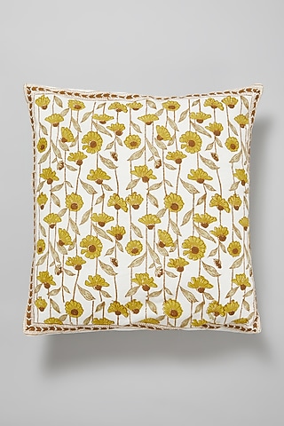 Yellow Block Printed Cushion Cover  by Marabu