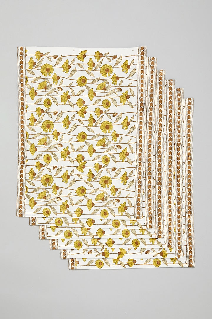 Yellow Hand Block Printed Table Mats (Set Of 6) by Marabu