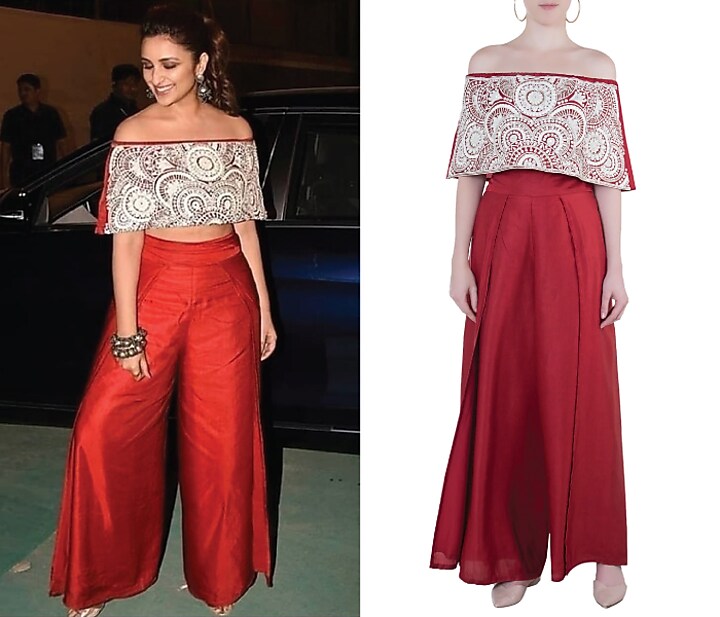 Red embroidered off shoulder top with pants by Roshni Chopra at Pernia's Pop Up Shop