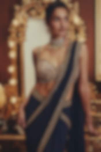 Navy Blue Georgette Floral Embroidered Draped Wedding Saree Set by ROQA | Siddharth Khurana & Kartik Khurana at Pernia's Pop Up Shop