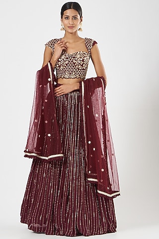 Burgundy Hand Embroidered Lehenga Set by MANISHA SONI